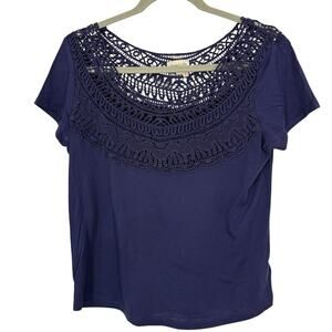 Meadow Rue Crochet Short Sleeve Top size Medium Blue/Pur Boatneck Pullover Boho